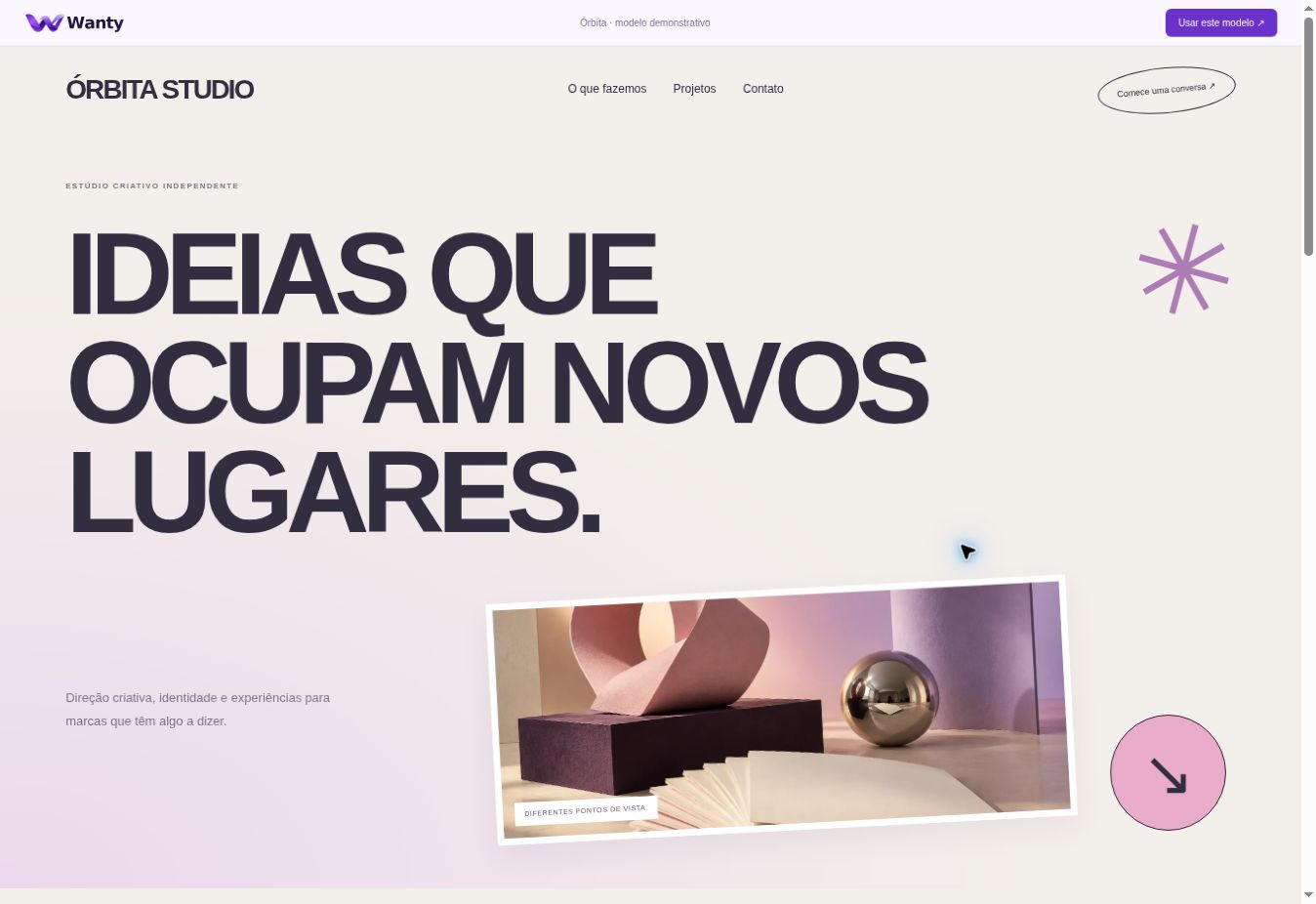 Layout Órbita: Capa tipográfica, recortes de projetos e cores expressivas.