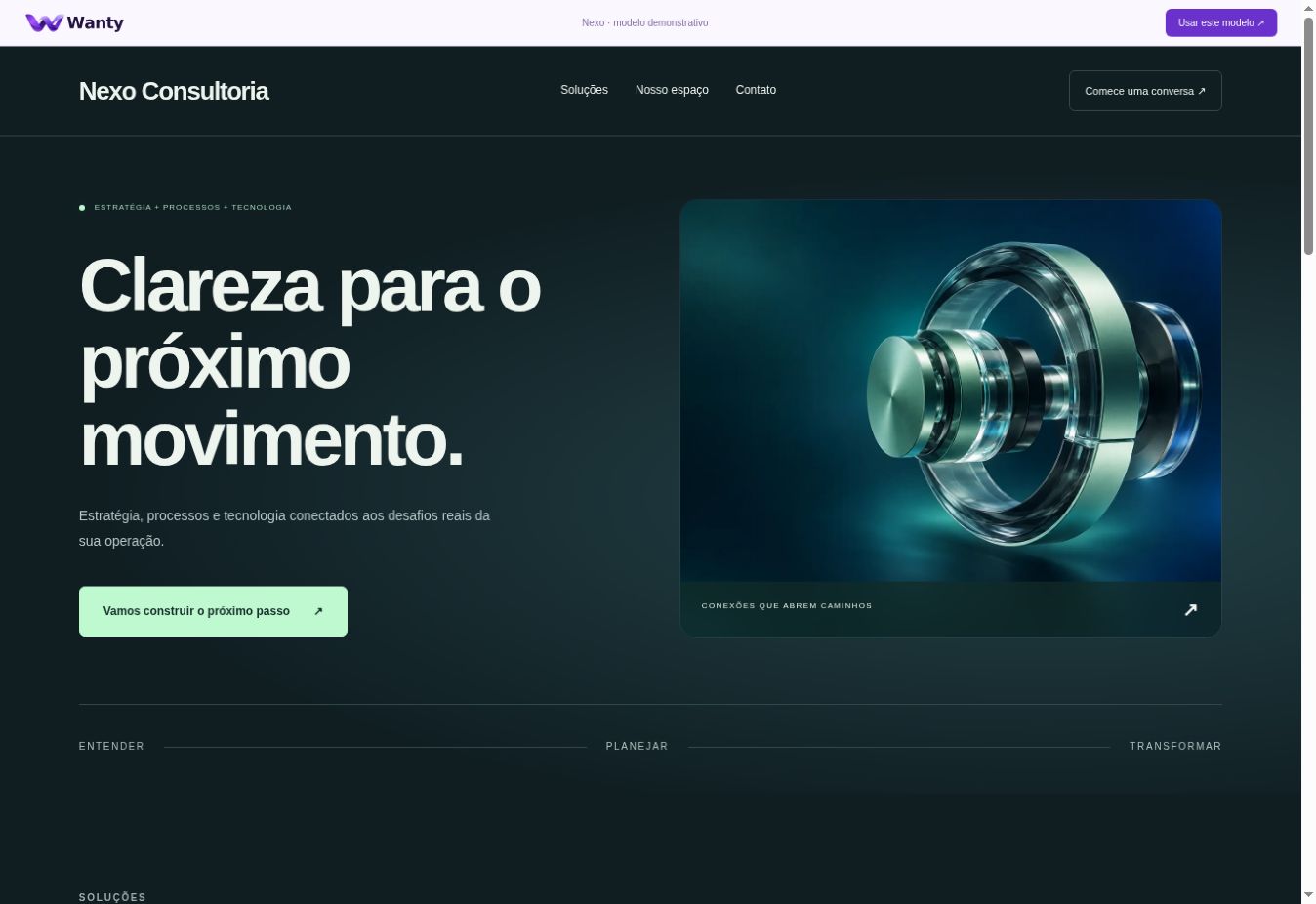 Layout Nexo: Grade modular, imagem 3D e seções de processo.